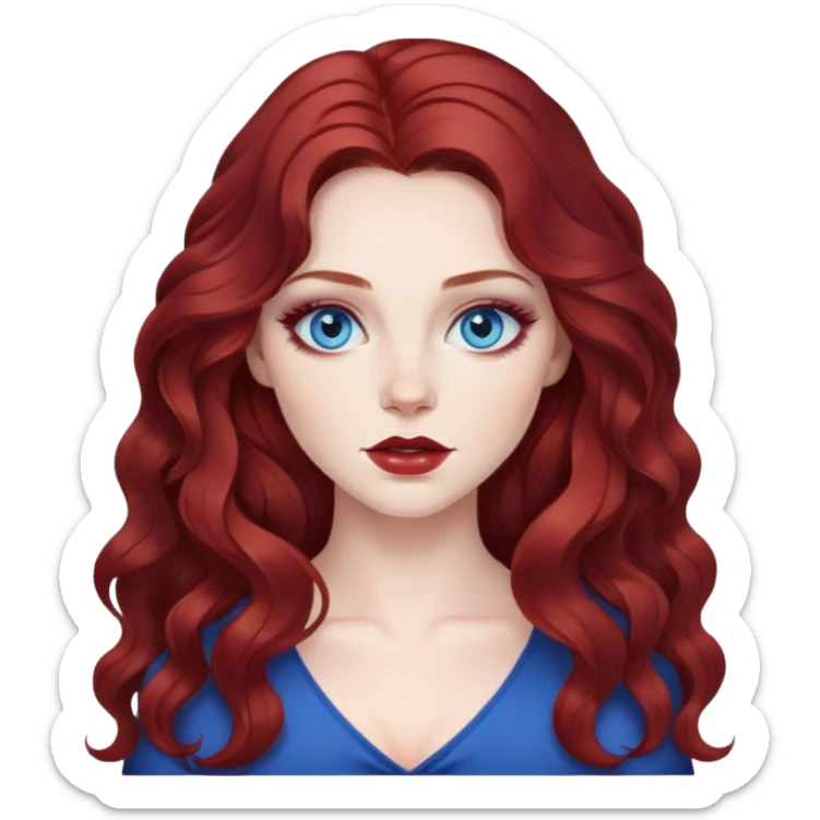 pretty baddie, dark red wavy hair, pale skin, long hair, blue eyes, makeup sticker