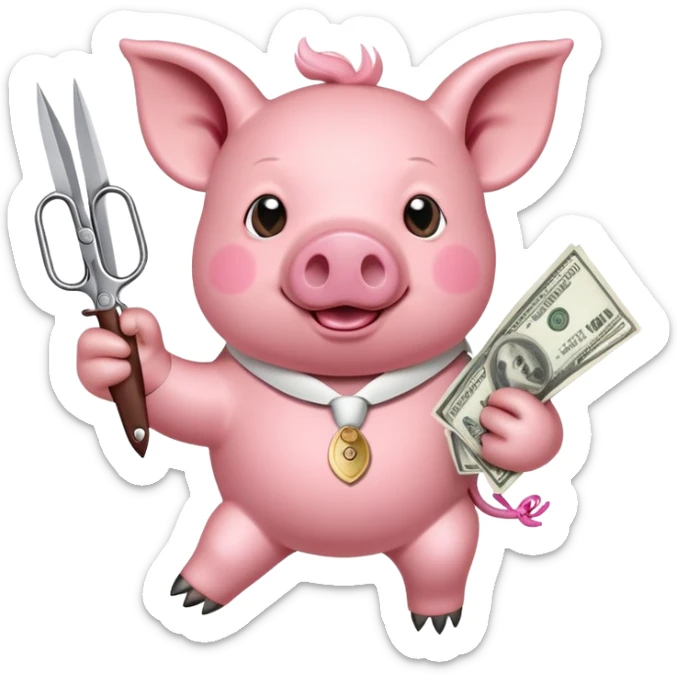 Flying pig holding a lot a money with a pair of scissors and a Dr Pepper  sticker