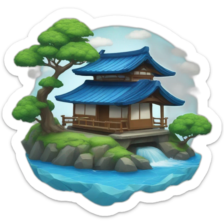 An island with a small Japanese house with a blue tiled roof and a blue torii gate sticker