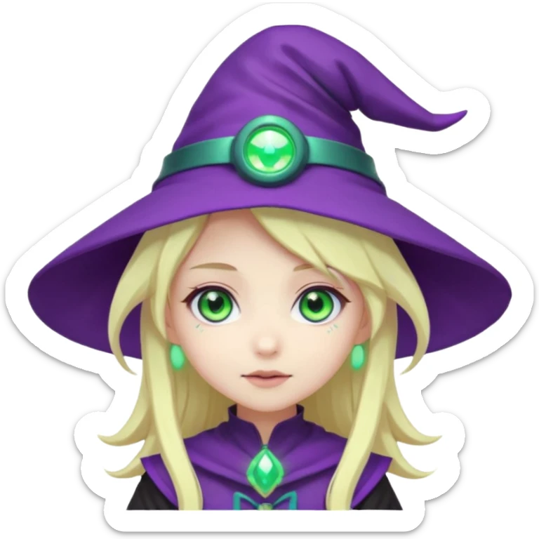 Make a blonde girl with green glowing headset on with teal eyes and a purple haired girl with green eyes waering a purple wit hes hat haveing fun , make them a chibi emoji page anime style sticker