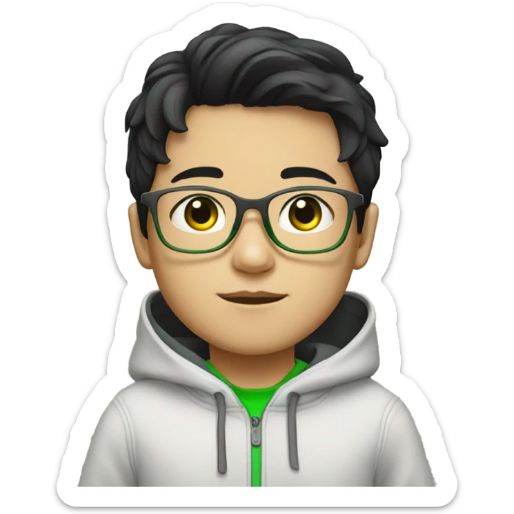 young boy with korean style black hair / grey hoody / white glasses / white glasses / green eyes sticker
