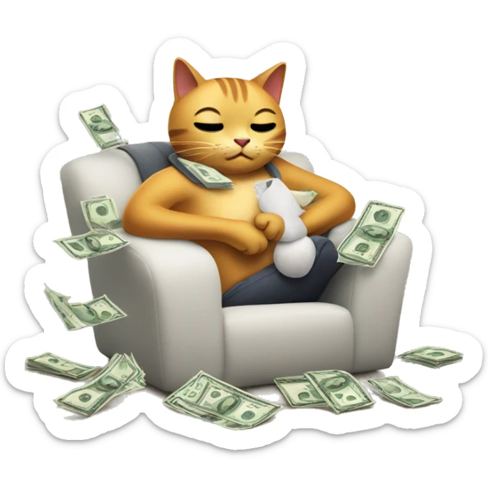 CAT EMOJI CHARACTER WITH ARMS AND LEGS WITH MONEY AMONGST OTHER EMOJI CHARACTERS RELAXING sticker