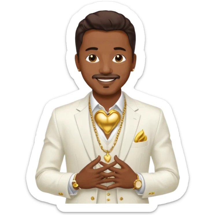 Ralph Tresvant with dark brown hair, white suit jacket, shirtless with necklace sticker