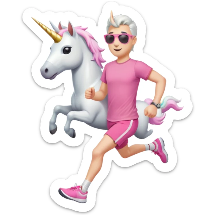 friendly anthropomorphised male white unicorn in grey shorts and pink t-shirt, wearing dark sunglasses, jogging upright in a relaxed pose sticker