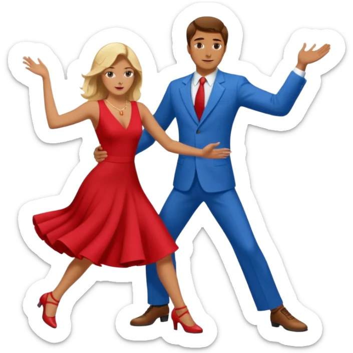 Two people. Man  wearing all red  with brown hair. Women iall blue with blond hair. Swing Dancing.  sticker