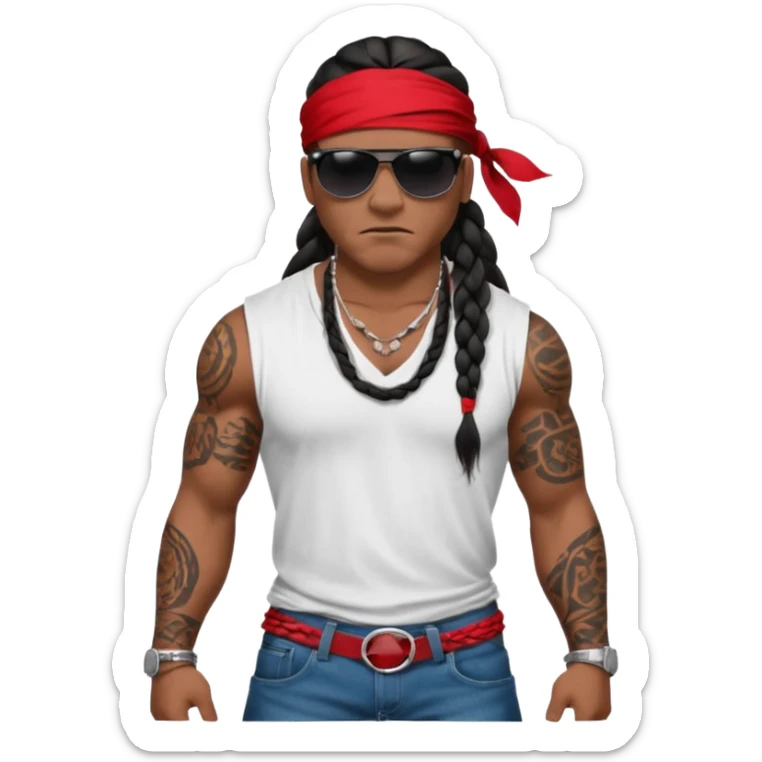 Samoan male.
loose fitting white t-shirt. 
Red bandana. 
Red jeans. 
long black braided hair.
very muscular.
tattoos. 
Tough and menacing. 
Gangster sunglasses. sticker