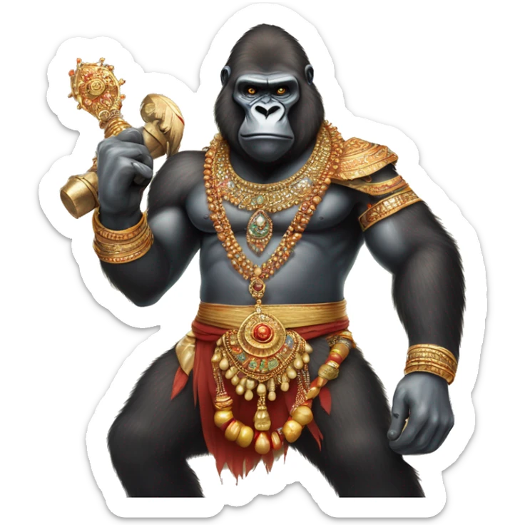 male gorilla with indian male jewellery and  indian traditional wear, holding a  huge weapon, humanoid,  sticker