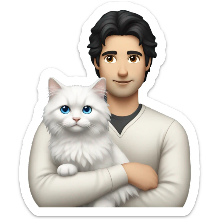 Man with black hair and holding a all white Siberian cat with blue eyes sticker