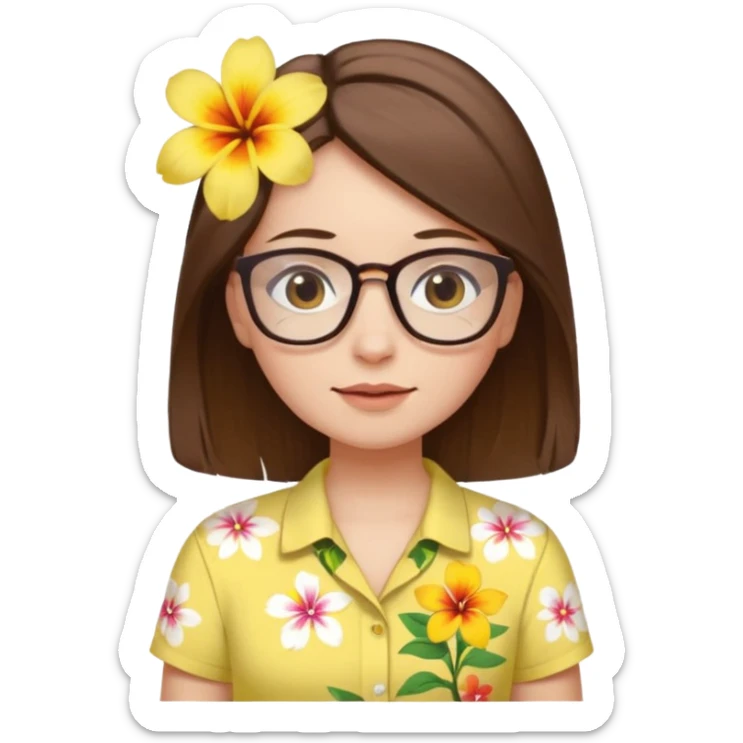 female with white skin. Shoulder length straight brown hair. Brown eyes with glasses. Hawaiian Flower in hair. Female wearing baby yellow shirt. sticker