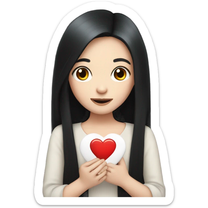 Pale girl with long black hair holding heart in her hands  sticker