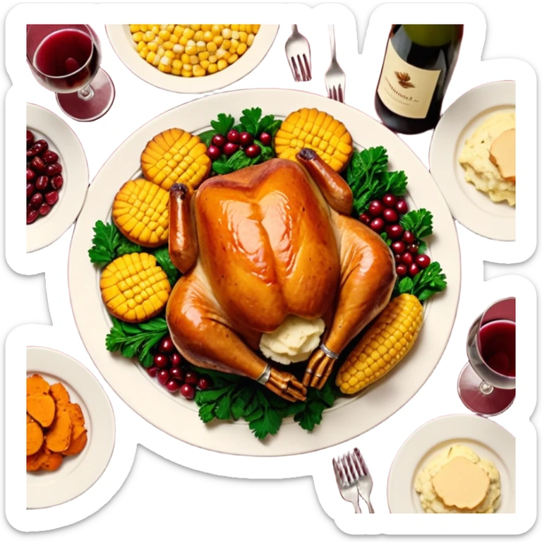 Thanksgiving Dinner with 6 friends of all different races around the table; have the food be a cooked turkey, mashed potatoes, corn, a basket of biscuits, a small bowl of cranberry sauce, baked yams, steamed vegetables, and a bottle of wine. sticker