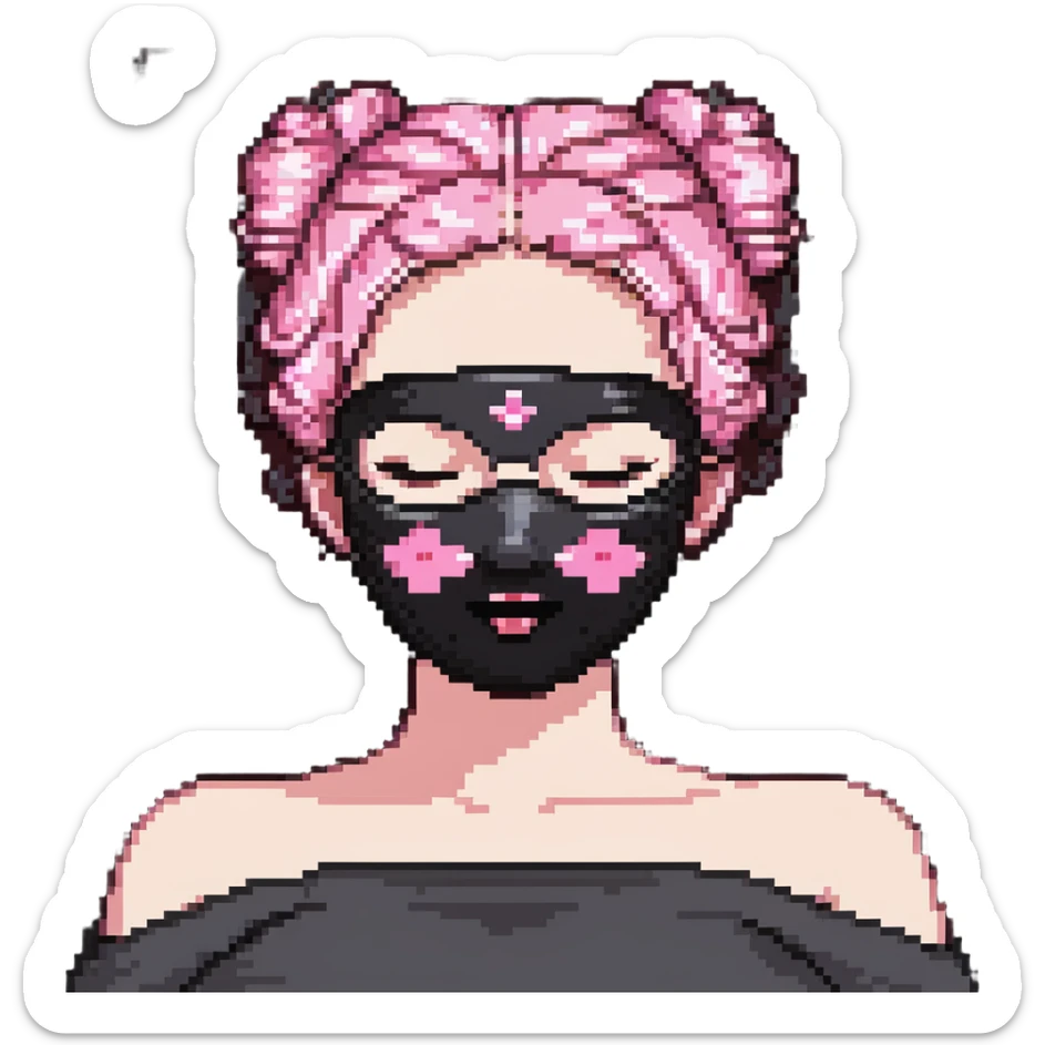 Pixel art girl sleeping with pink beauty face mask, hair in messy bun, self care sticker