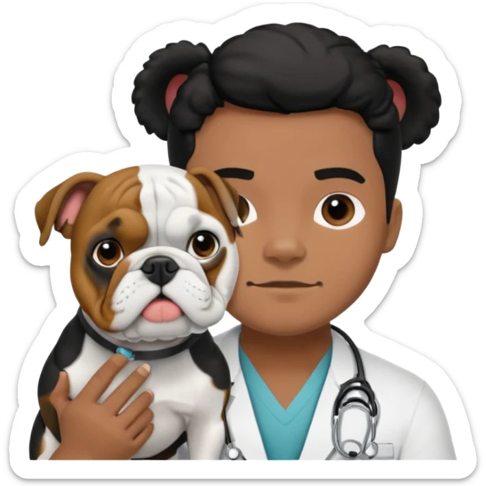 joven médico con el pelo un poco largo pero no tanto y lacio, que tenga un estetoscopio de color de piel tez negra calida !!! que sostiene un bulldog francés blanco y negro  sticker