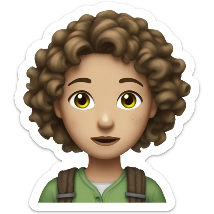 a girl with white skin, hair tied up, brown and curly and green eyes with clothes in bad condition and torn sticker