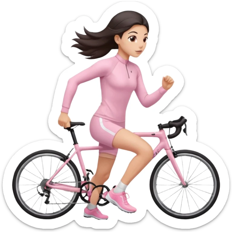 A girl in soft pink sporty tight-fitting clothes, a long-sleeved fitted sweater and cycling shorts is running, her hair is dark and straight, styled. sticker