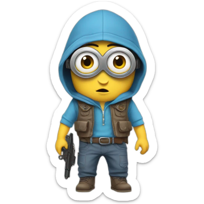 baby minion  in gray pants in a blue sleeveless shirt in a hood and with a collar with two pistols in both hands holds them on both sides raised sticker