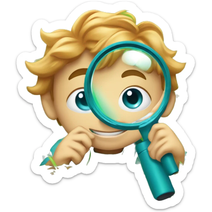 Little boy with blue/turquoise eyes, no glasses, and strawberryblonde slighty wavy hair crouching down low in a lot of green grass. He is holding a magnifying glass, closely examining nature and looking happy/curious sticker