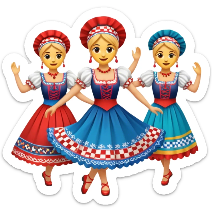 Cinematic Realistic Linđo Dance Emoji, depicted as a traditional Croatian folk dance with lively movements and colorful costumes, rendered with dynamic textures and vibrant festive lighting that captures its cultural vibrancy. sticker