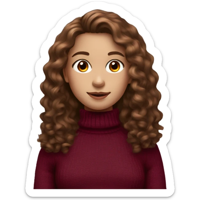 girl with long brown curly hair and pale skin wearing burgundy turtleneck sweater sticker