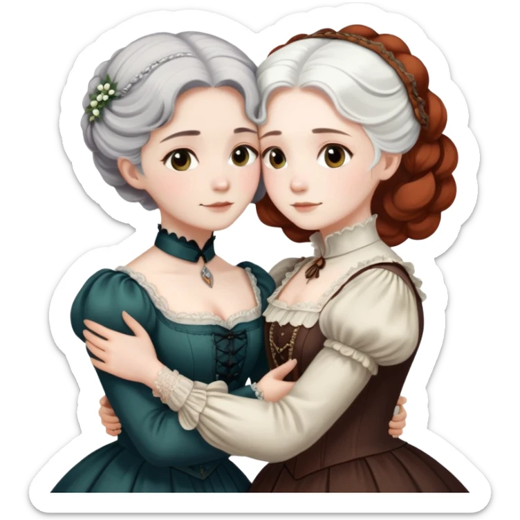 Two Victorian era women hugging each other closely, one with white hair and one with dark copper colored hair, both wearing Victorian period dresses sticker