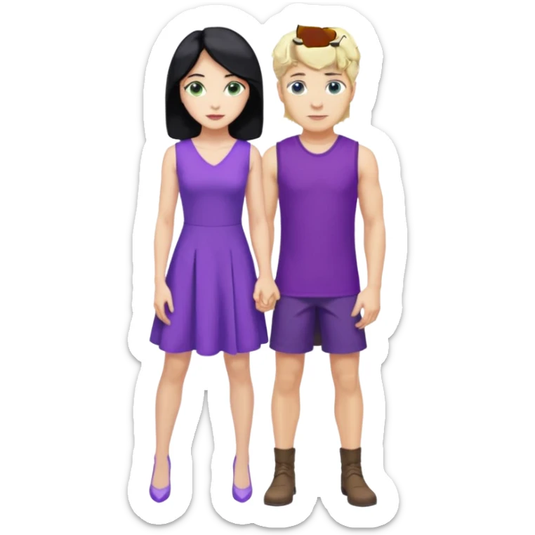 prince, standing upright, black Hair, blue eyes, garment,  woman, bending knee, sleveless white dress, blonde hair, green eyes, sticker