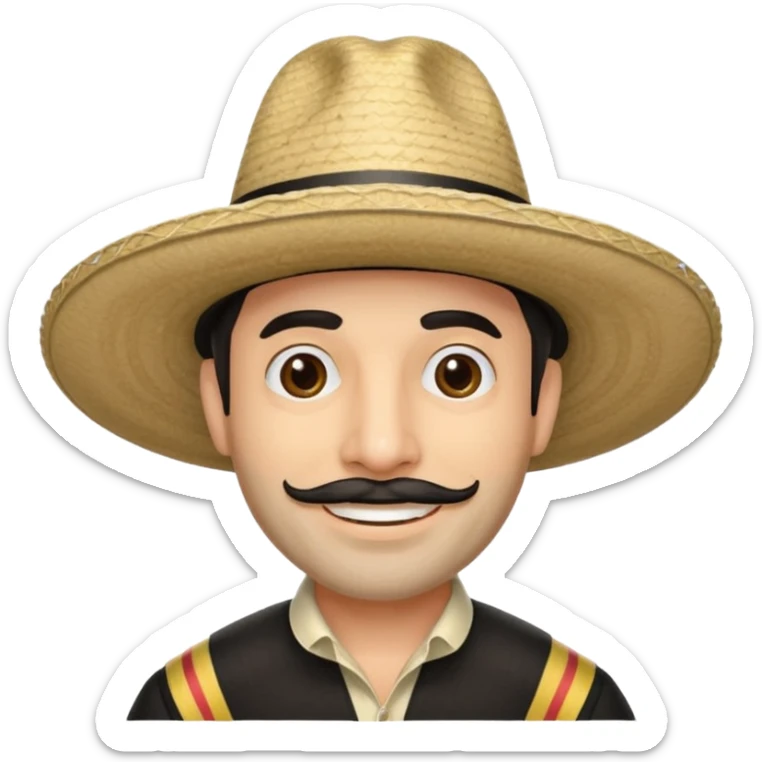 A happy fair skinned Colombian man with minimal facial hair wearing a black and beige stripped Colombian sombrero sticker
