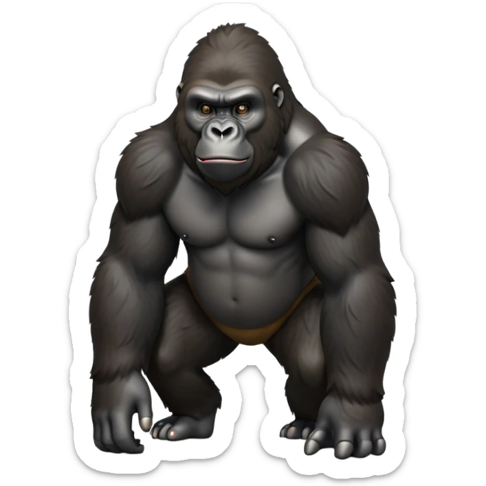 cinematic-gorilla-realistic-full-body-on all fours-emoji,-exuding-strength,-thick-dark-fur-in-the-light,-head-tilted-dramatically,-deep-dark-eyes-filled-with-intense-intelligence,-simplified-yet-realistic-focused-features,-highly-detailed,-glowing-with-an-almost-sarcastic-glow sticker