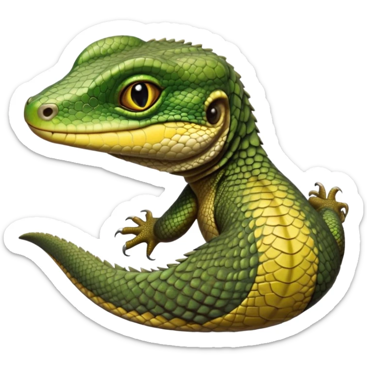 cinematic-realistic-cute-monitor-lizard-portrait-emoji,-head-tilted-playfully-and-inquisitively,-featuring-a-compact,-agile-body-with-finely-detailed,-glossy-scales-in-earthy-olive-hues-and-a-distinct,-alert-face-with-bright,-curious-eyes, black , yellow spotted and green band  scales sticker