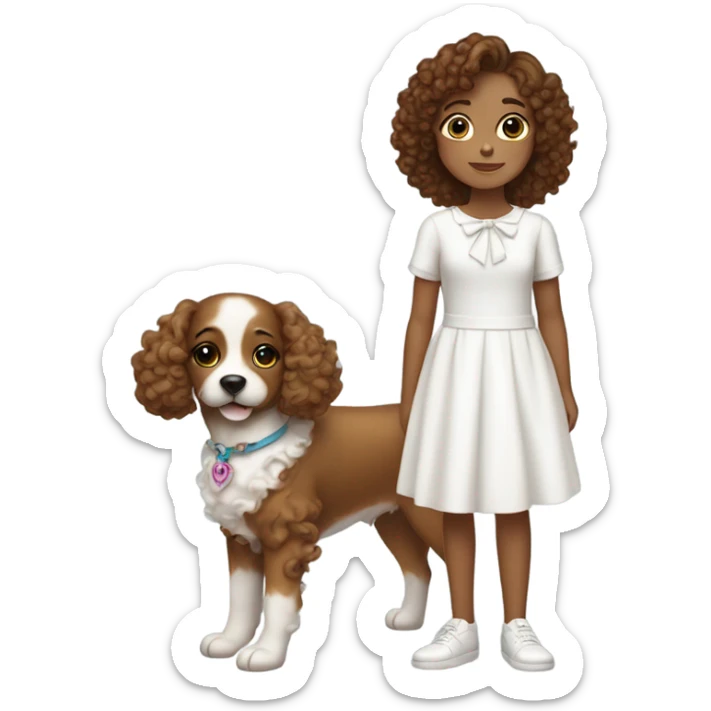 Girl with brown curly hair with bow in hair wearing cute white dress with a dog sticker