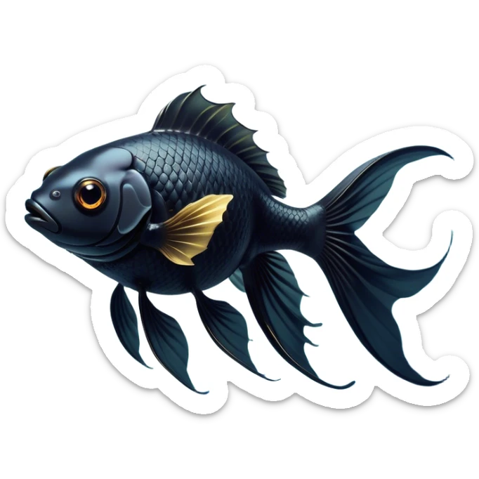 Cinematic Noble Black Goldfish Portrait Emoji, Poised and regal, with a sleek, streamlined build and a lustrous, deep black body, deep-set soulful golden eyes, Simplified yet sharp and sophisticated features, highly detailed, glowing with a soft, dignified glow, high shine, intelligent and graceful, stylized with an air of aquatic elegance, focused and attentive, soft glowing outline, capturing the essence of a watchful and confident aquatic companion, so majestic it feels as though it could glide out of the screen with effortless authority! sticker