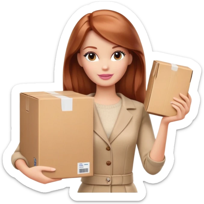 Barbie, shoulder-length reddish-brown hair, holds a package box, Barbie is wearing beige and brown colored clothes sticker
