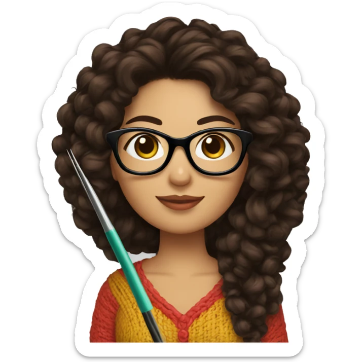 Hispanic woman with black glasses long dark brown curly hair holding crochet needle and yarn sticker
