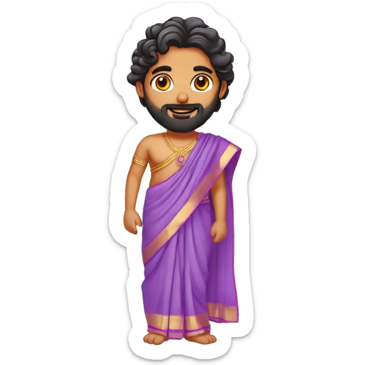 south indian girl with straight hair wearing lavender saree marrying south indian guy with curly hair and beard wearing dhoti sticker