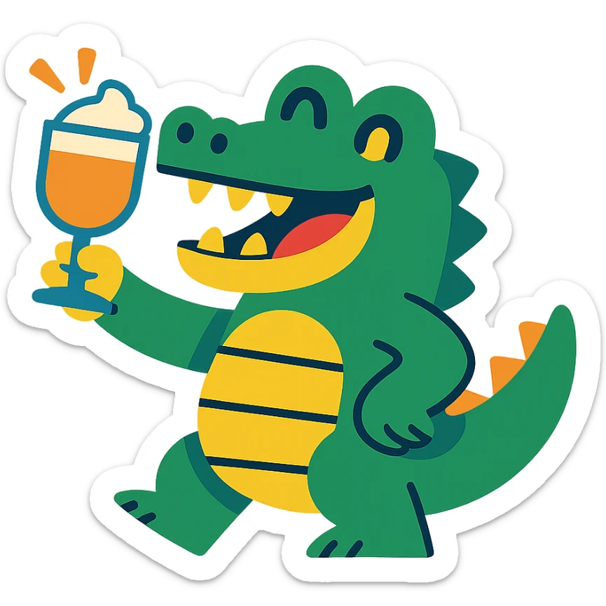 smiling crocodile toasting with a Bombardino glass cheerful and colorful sticker