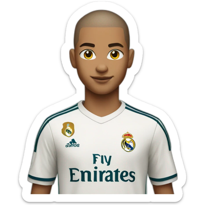 Young soccer player who takes an ID photo with a buzz cut hair with real madrid jersey, apple style sticker