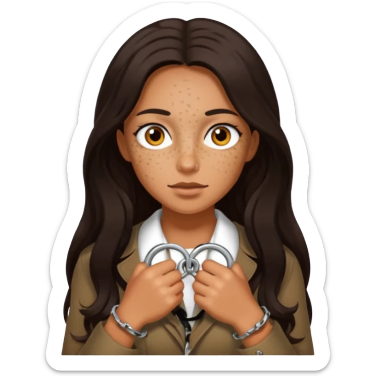 Tan skin with freckles, long dark hair, hazel eyes Dominatrix with handcuffs sticker