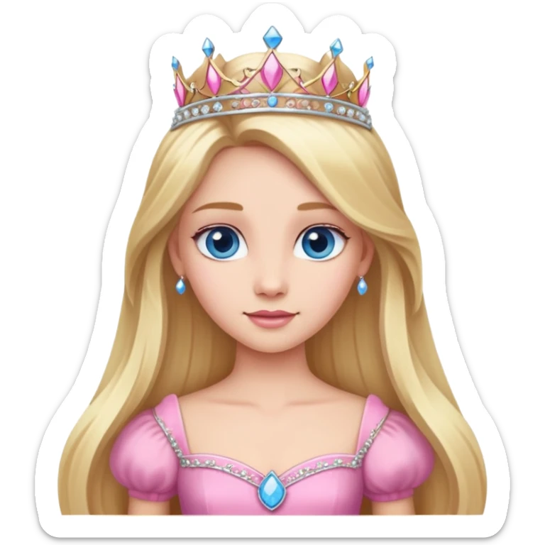 Princess with long blonde hair, pink dress and tiara, also blue eyes sticker