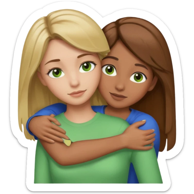 Maman cheveux marrons yeux marrons et fille cheveux blond yeux verts qui se font un câlin  sticker