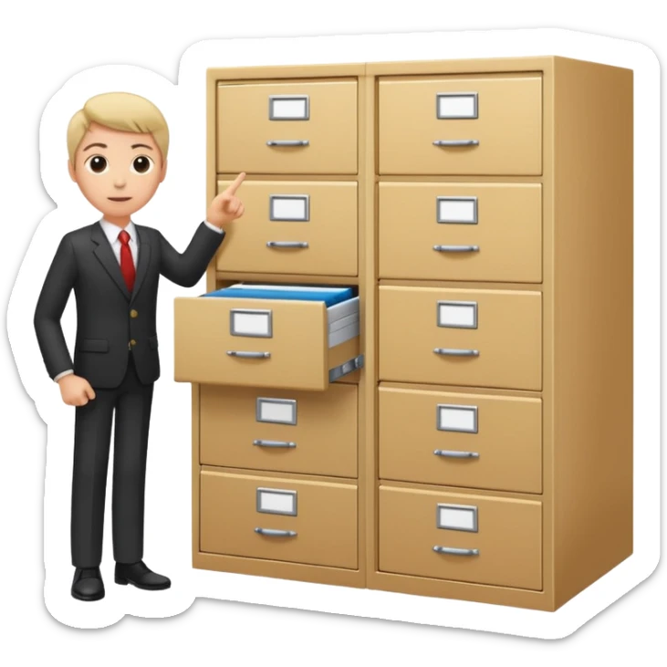A person in business attire pointing to a tall filing cabinet, indicating document organization. sticker