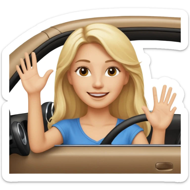 blonde long hair woman driving car. one hand up Happy face confidence sticker