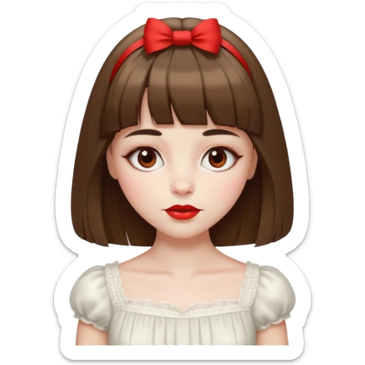 pale girl with chest-length straight brown hair, bangs above the eyebrows covering the forehead, brown almond-shaped eyes, red lips, V-shaped face, small thin nose, wearing a white bouffant dress sticker