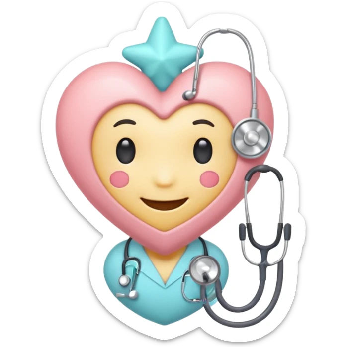 Cute pastel emoji of a smiling heart wearing a stethoscope like a hug, tiny brain inside, little sparkle star, soft glow, rounded edges, cozy and aesthetic. sticker