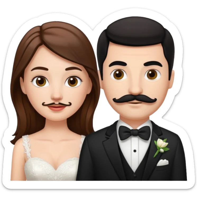 White girl brown hair bride and white black hair groom with moustache sticker