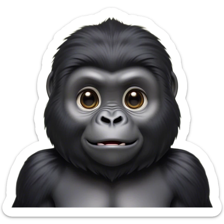 Cinematic Cute mountain Gorilla Portrait Emoji, Head tilted playfully and inquisitively, with a robust build accented by a striking black and grey mane and round, sparkling eyes full of gentle charm, Simplified yet irresistibly adorable features, highly detailed, glowing with a warm, friendly jungle glow, high shine, affectionate and lively, stylized with a touch of endearing primate whimsy, soft glowing outline, capturing the essence of a mischievous yet loving mountain that feels like it could lumber out of the screen into your arms! sticker