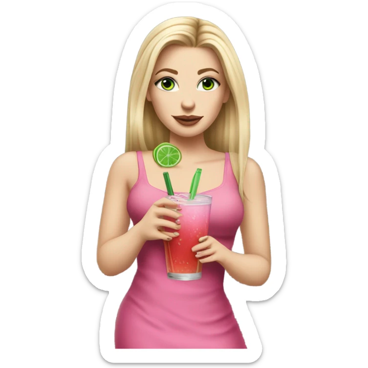 Realistic White girl with Long straight blonde hair, green eyes, tattoos, full body wearing dress and High heels, holding pink drink sticker