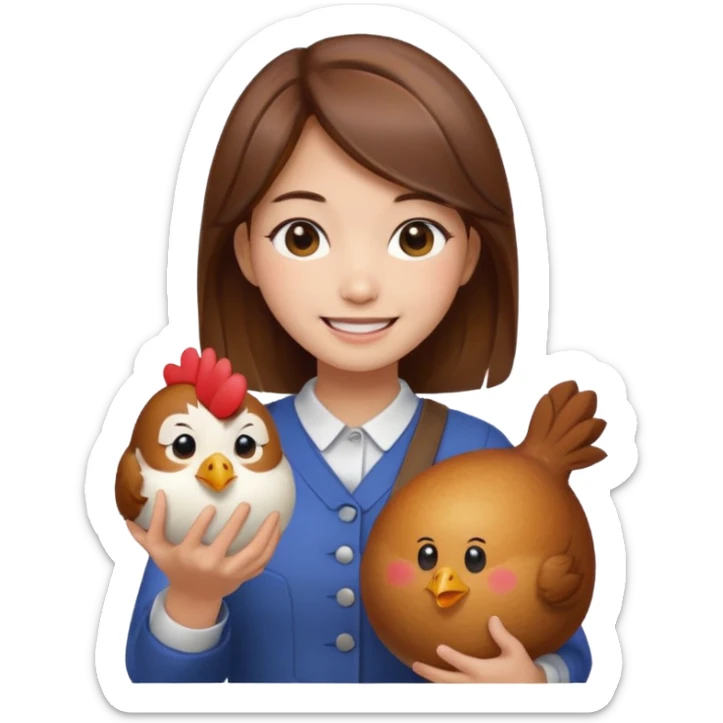korean girl with brown hair holding a chicken drum, expressive emoji style sticker