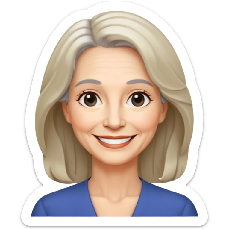 "- Nữ
- 60 tuổi
- Da trắng
- Tóc ngang vai, xoăn nhẹ
- Mặt cười, mắt đen sticker