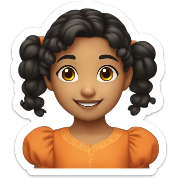 smiling and pointing 3 years old indian girl with black curly hair in pigtails wearing a orange dress sticker