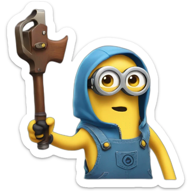 a minion in a blue sleeveless shirt with a hood on his head there is no face only glasses and eyes and there are pistols in both hands sticker