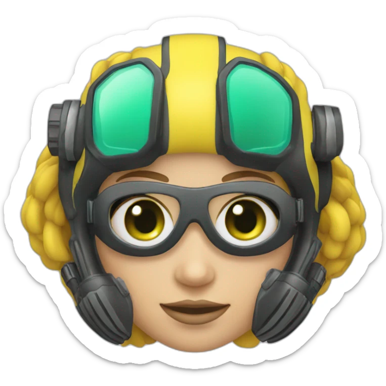 woman scubadiver with diving fins, in her face green and blue eyes sticker